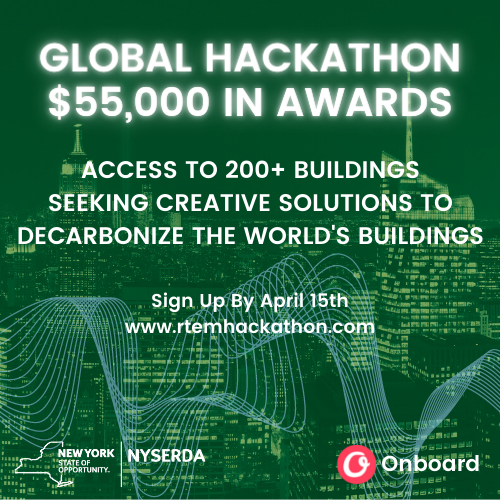 NYSERDA's tweet photo. Last chance to apply! Don’t miss the April 15th deadline to submit your innovative #lowcarbon building ideas for this year’s #RTEMHackathon. Sign up now for a chance to compete for up to $55,000 in funding awards: https://t.co/jRTvRfPTps. @OnboardData https://t.co/w5S7loyTPJ