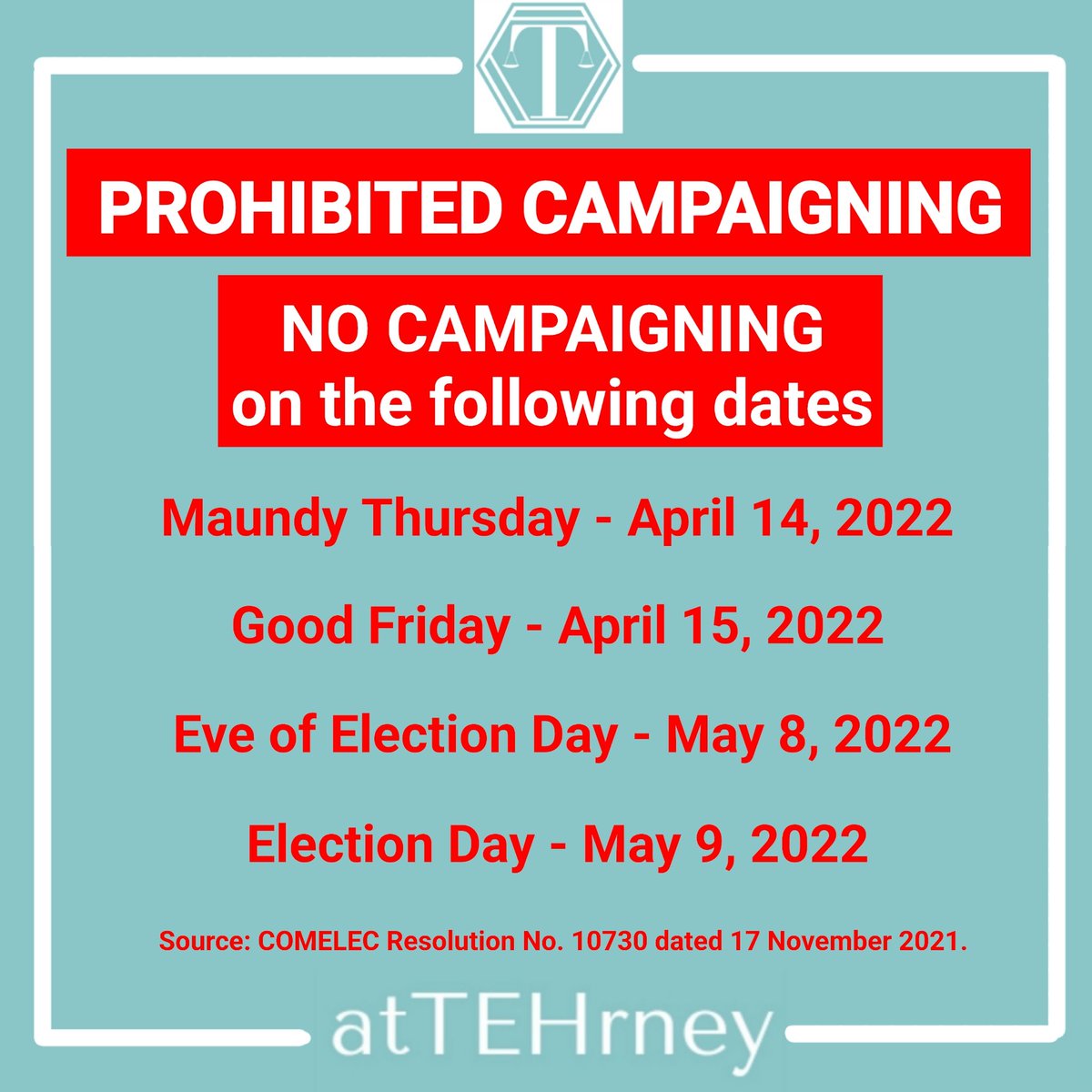 AtTEHrney's tweet photo. [Halalan 2022 - Prohibited Campaigning] The upcoming days may be a good opportunity to rest, recharge, spend time w/ loved ones &amp; pray (for Catholics/Christians). Have a blessed Holy Week. #atTEHrney2022038 #Abogado #AttorneyPH #Batas #LawPH #LawPH #PhilippineElections2022 https://t.co/rP8p5bUqvF