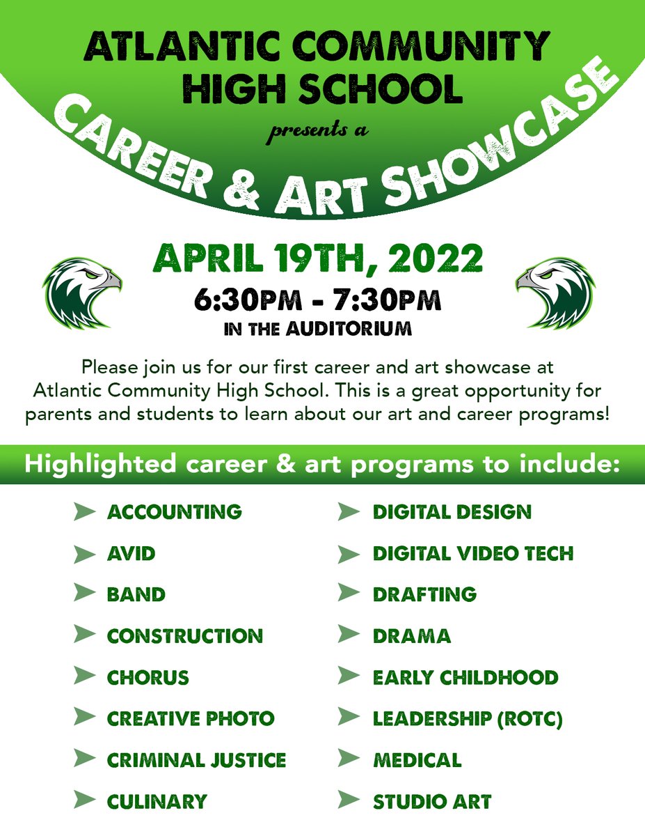 CounselorsACHS's tweet photo. Attention incoming 9th grade students! Join us on 4/19 to explore our career and art programs. See attached flyer for more details! @ATL_Eagles @achs_ib https://t.co/eSpKdUXWAq