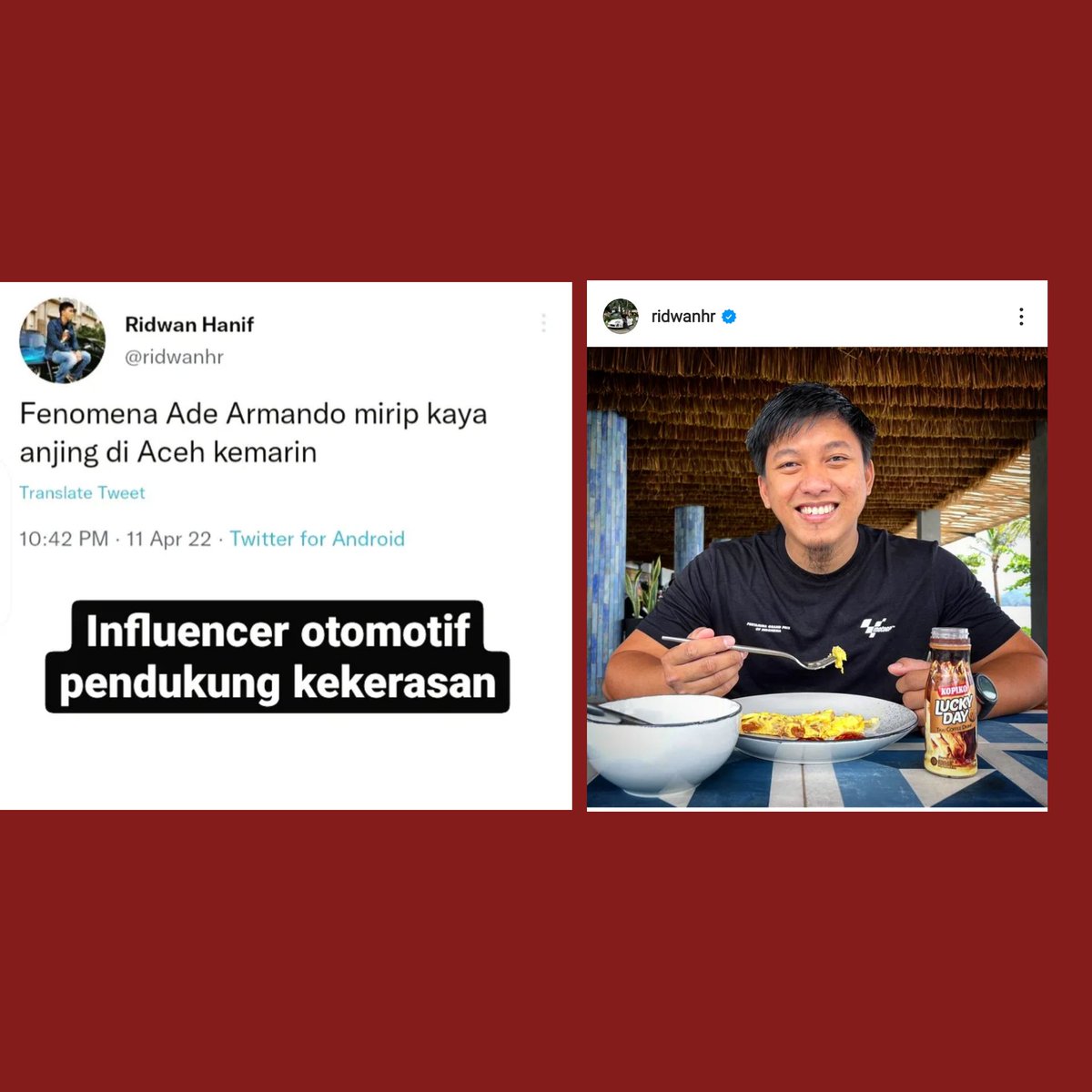 bukan_fufufafa_'s tweet photo. BIADAB!! DIA MENYAMAKAN ADE ARMANDO DENGAN ANJING Yang suka dunia otomotif pasti tahu sama si manusia biadab ini, namanya Ridwan Hanif ( IG: @ridwanhr dia pendukung kekerasan kita semua harus lawan  @mitsubishimotorsid @toyotaid @mercedesbenzid @bmw_indonesia @welovehonda https://t.co/RCjSiB7HSn