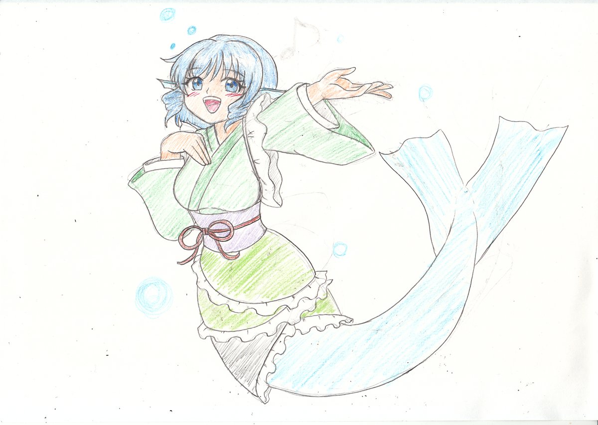 wakasagihime 1girl mermaid monster girl japanese clothes solo blue eyes head fins  illustration images