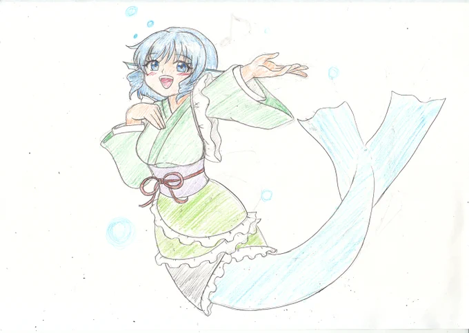 #深夜の真剣お絵描き60分一本勝負 焼肉パワーを借りて久しぶりの参加でわかさぎ姫。さすがにペン入れてPCで色塗りってところまではできなかったのでアナログで。 