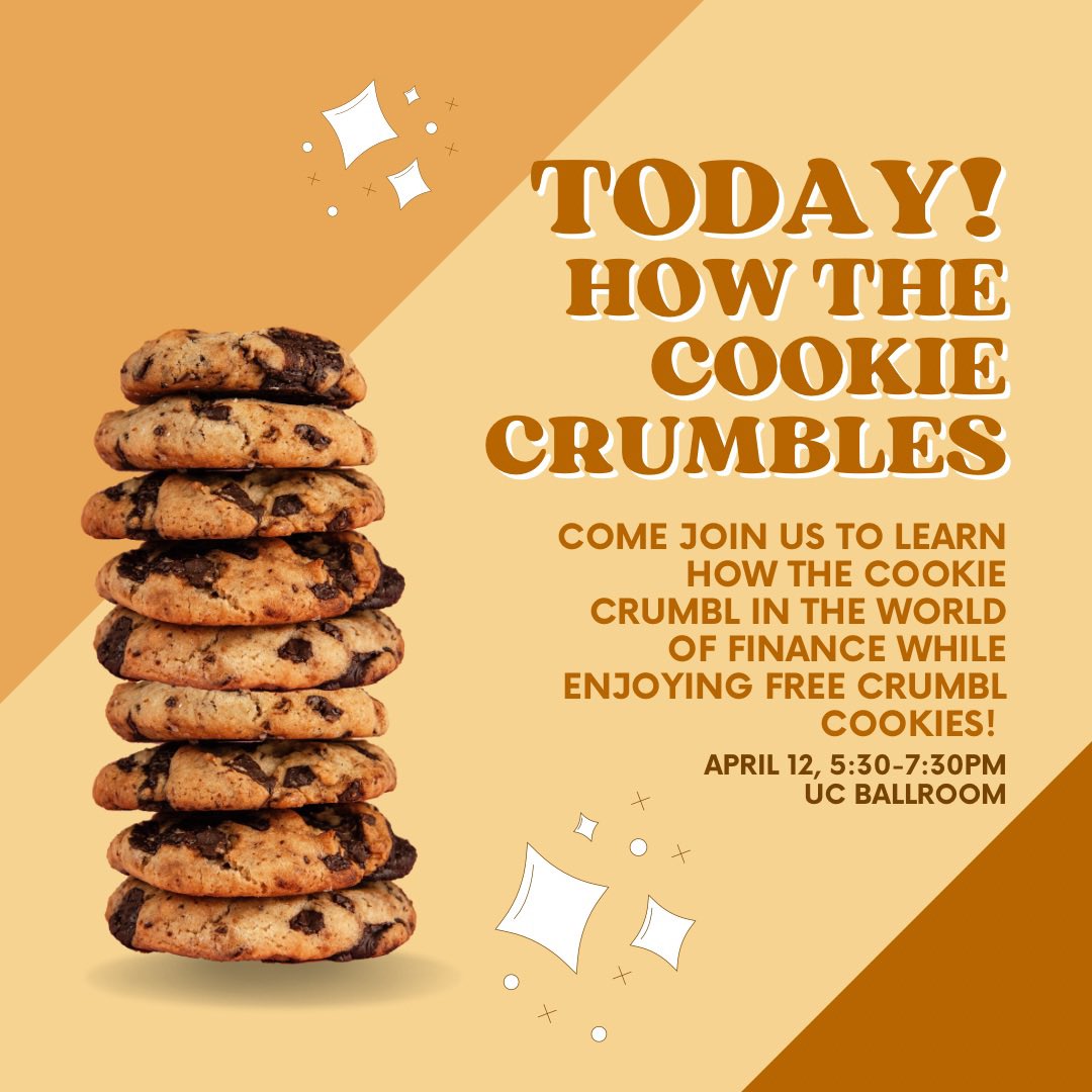 uttylercsfw's tweet photo. TODAY! Join us at 5:30 to 7:30 in the UC Ballroom to learn how the cookie crumbles in the world of finance while enjoying some free crumbl cookies! #uttyler https://t.co/l0tkpefKC2
