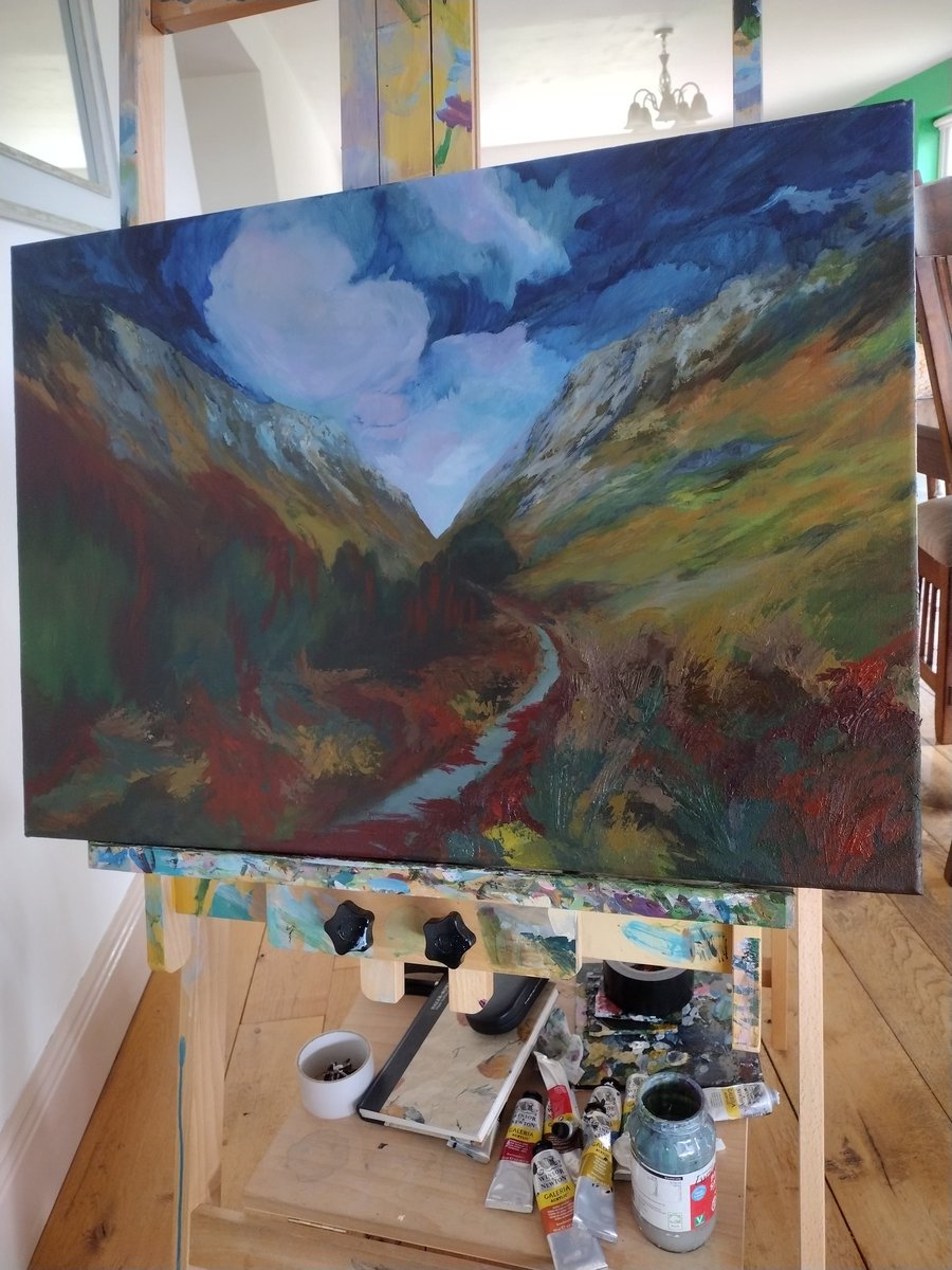 LauraDohertyart's tweet photo. A little more progress made on Barnesmore Gap, Donegal. Need to get it all on the same page colour wise but it's bringing the drama and that's a good thing! All likes and retweets appreciated. #Donegal #barnesmoregap #Ireland #irishart#supportlocal #artist #artistsontwitter https://t.co/o3q5DA7sMH