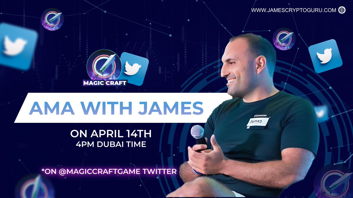 MagicCraftGame's tweet photo. 📢 Live #AMA with @Jamyies and #MagicCraft tech team 📢

🏛️Where: https://t.co/TI4mgylAD7
🕒When: 14th April, 12:00 PM UTC
🎁Reward: 65,000 $MCRT for 5 winners

Rules:
☑️Follow @MagicCraftGame &amp; @Jamyies
☑️Like &amp; RT this tweet
☑️Ask up to 3 questions &amp; tag 3 friends👇 https://t.co/HO4tpNZZx7