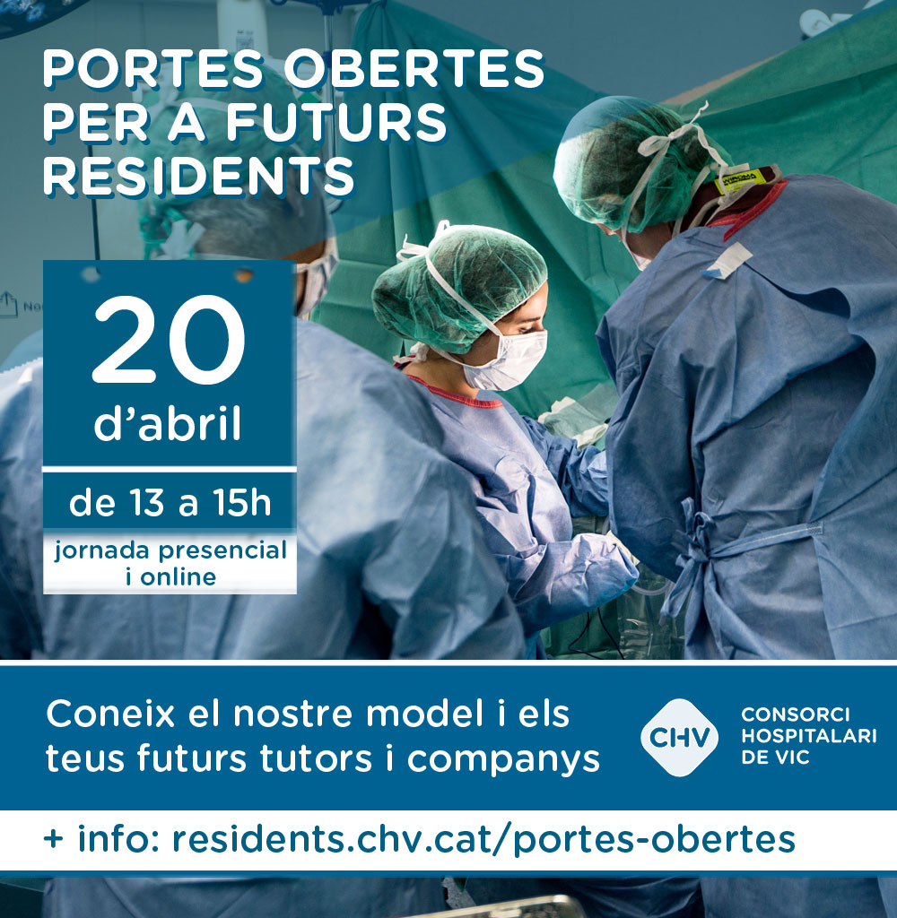 ResidentsCHV's tweet photo. Estàs buscant centre on especialitzar-te i fer la teva residència❓
🗓️El 20 d'abril vine a les jornada de portes obertes del #CHV i coneix el nostre model, les especialitats que t'oferim i els teus futurs tutors i companys
#residents #portesobertes #MIR22 #IIR22 #PIR22 #FIR22 https://t.co/GABkWrNZHu