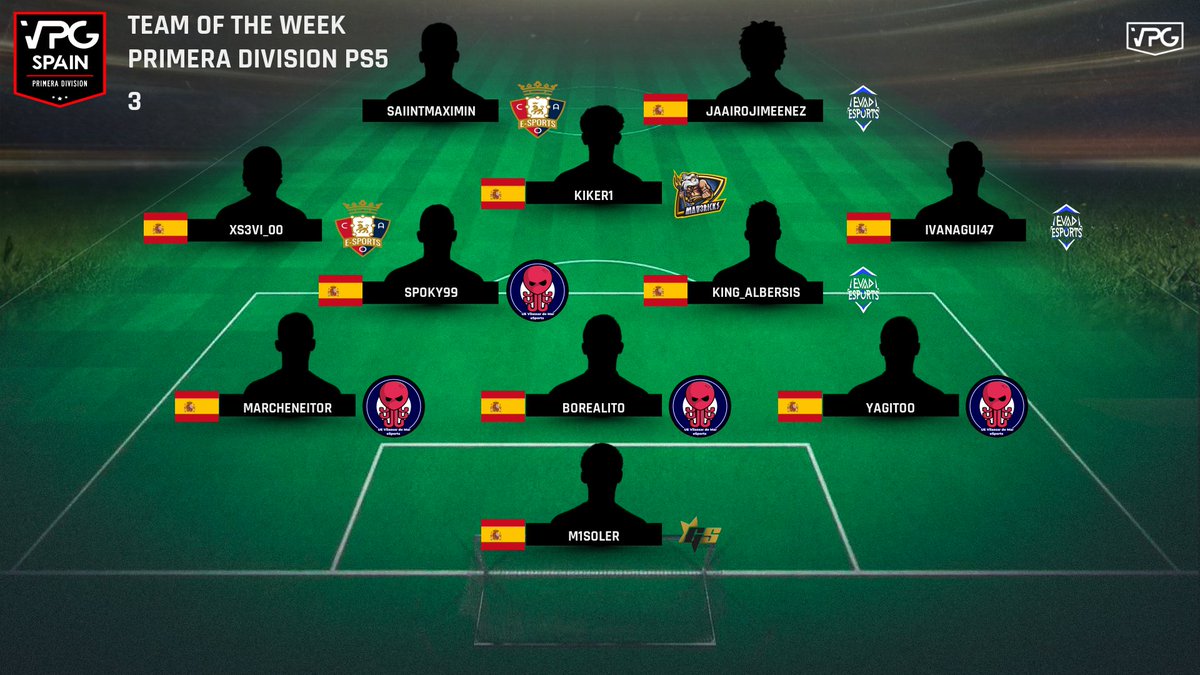 ⭐️|| EQUIPO DE LA SEMANA 3 
🏆 || Primera División PS5

1⃣  <a href="/EsportsEVAD/">EVAD Esports</a> 
2⃣  <a href="/UEVdMeSports/">U.E. Vilassar de Mar eSports</a>  
3⃣  <a href="/CAO_Esports/">C. A. Osasuna Esports</a> 
4⃣ <a href="/Gerstaresports/">🌟GS 𝙀𝙨𝙥𝙤𝙧𝙩𝙨</a>
5⃣  <a href="/UEVdMeSports/">U.E. Vilassar de Mar eSports</a>  
6⃣  <a href="/MV3United/">Mav3ricks Esports Club</a>  

#FeelVPG #ProClubes #FIFA22