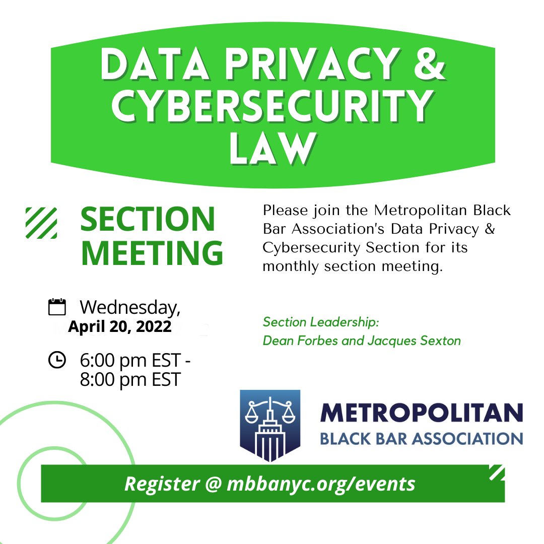 MBBA of NYC (@mbbanyc) on Twitter photo 💻📱Coming up! <a href="/MBBANYC/">MBBA of NYC</a>'s #Data and #Cybersecurity #Law virtual section meeting. Register today to engage around the latest topics in this area of law. All are welcomed!
Wednesday, April 20 @ 6:00pm EST.
RSVP: mbbanyc.org.
#Privacy #Security #Tech #NFT #BitCoin 💻📱Coming up! <a href="/MBBANYC/">MBBA of NYC</a>'s #Data and #Cybersecurity #Law virtual section meeting. Register today to engage around the latest topics in this area of law. All are welcomed!
Wednesday, April 20 @ 6:00pm EST.
RSVP: mbbanyc.org.
#Privacy #Security #Tech #NFT #BitCoin
