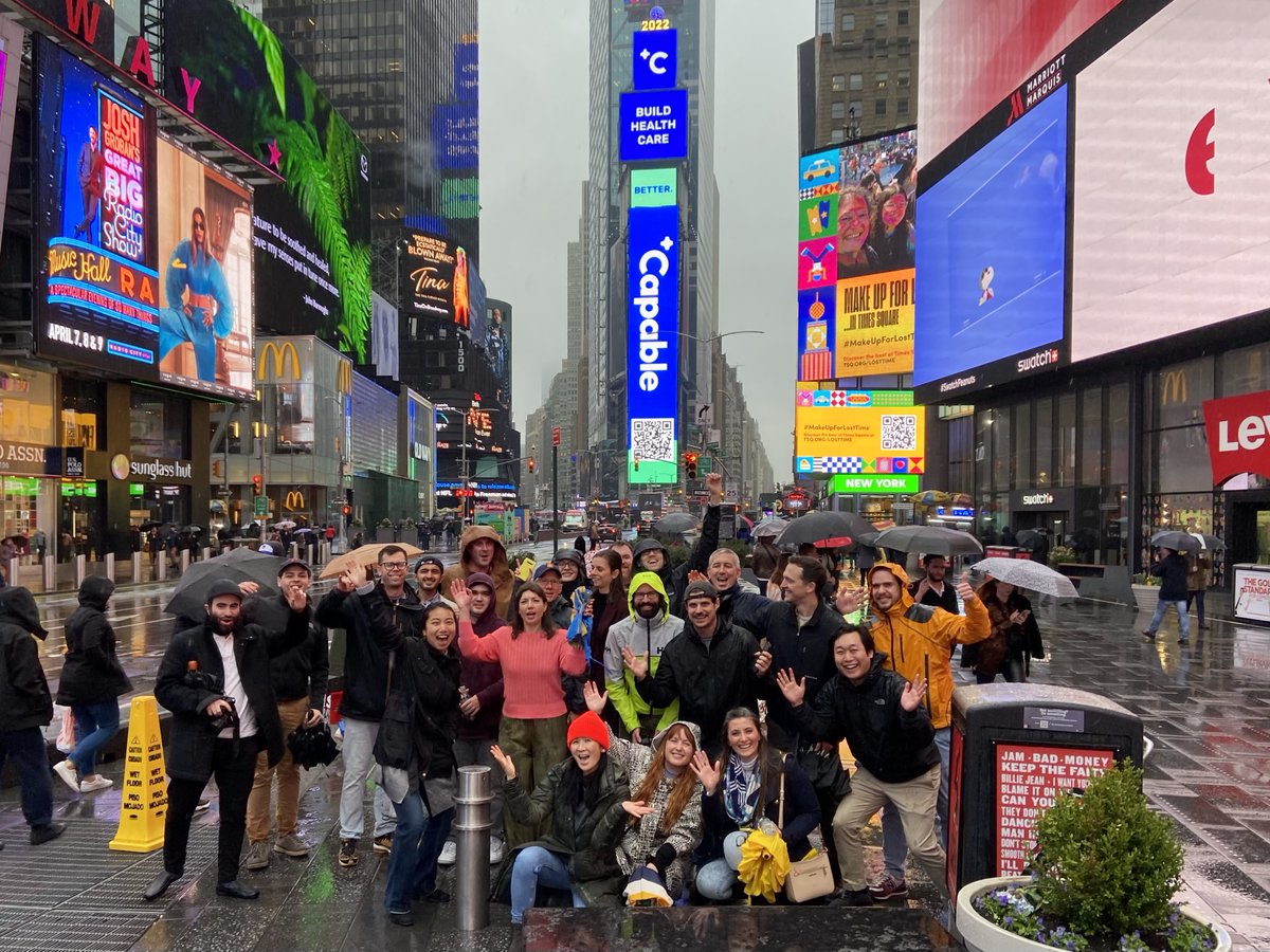 CapableHealth's tweet photo. Last week, the @capablehealth team gathered in NYC for our first in-person jamboree. Here’s a peek into the festivities, starting with: braving the pouring rain to see our logo and mission lit up in the middle of Times Square! 🌟 https://t.co/0ctw8pg5mq