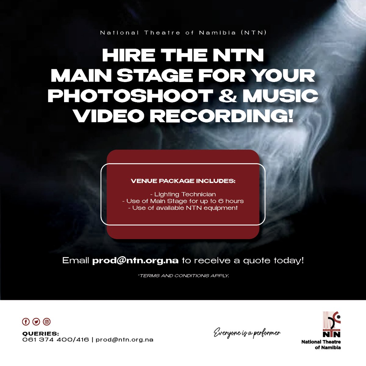NTNNamibia's tweet photo. Are you a creative looking for an equipped venue for photoshoots and music videos?
The NTN Main Stage can be used as a ‘Black Box’ venue for your recording and photographic needs.
See flyer for more details on venue rental package.
#ntnnamibia
#namibianvenues
#musicvideos https://t.co/aoowT9VW2N