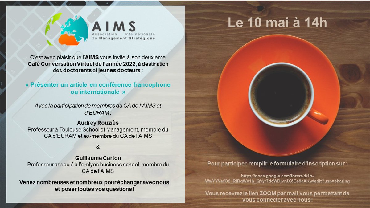 strategieaims's tweet photo. "Café conversation" sur la thématique "Présenter un article en conférence francophone ou internationale" le 10 mai à 14h.

Inscriptions : https://t.co/zCWnoda3k1 https://t.co/5iPg5kmdcF