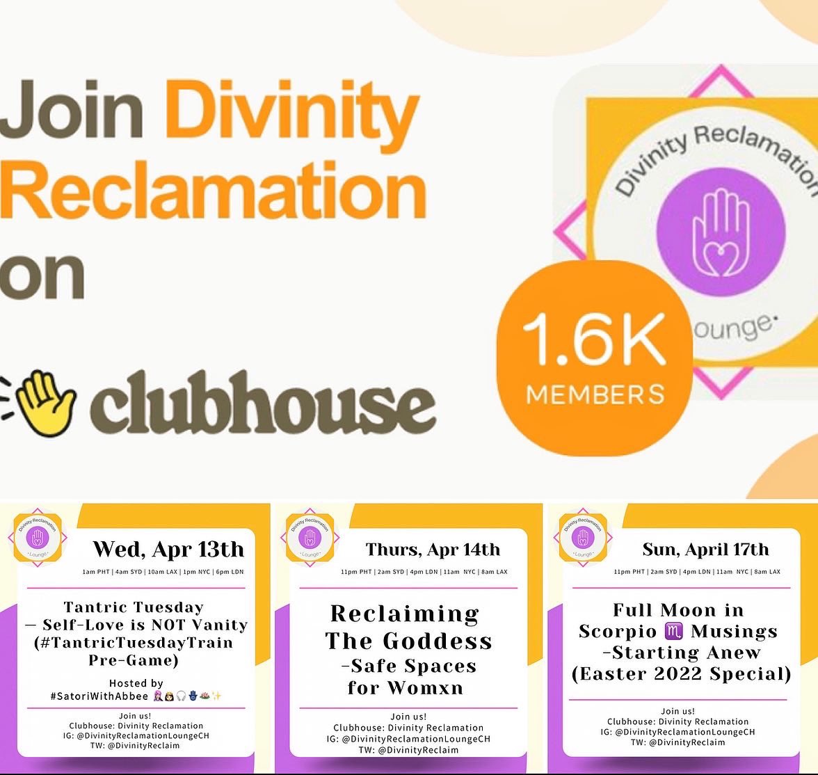 shdwphyre's tweet photo. #HolyWeek2022 in @DivinityReclaim on @Clubhouse!
Join us?
https://t.co/jlQjR5E9Y6
#SatoriWithAbbee
#DivinityReclamation
#SoulSurgeon
#CreativityCultivationCoach
#DivinityConsciousnessActivatrix
#CertifiedMedicalIntuitive
#TransformativeTarotSince2002 https://t.co/9LL9Q5iaNj
