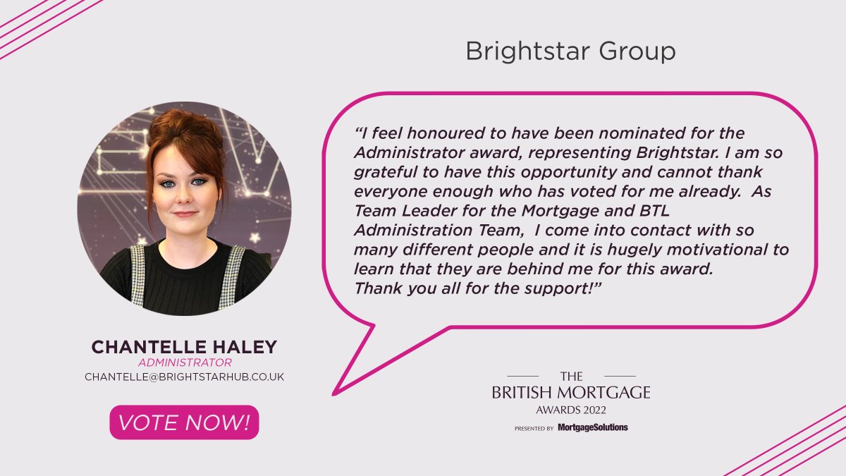BrightstarFin's tweet photo. Support our amazing trio at The British Mortgage Awards by nominating here - https://t.co/6iDUdSIaql

🌟@ChantelleHale17 - Administrator
🌟@stephbrightstar - Rising Star - Distributor
🌟@walloyd - Business Leader - Specialist Distribution

Thank you! 🙌

#BMA22 https://t.co/dxuJiiY3ro