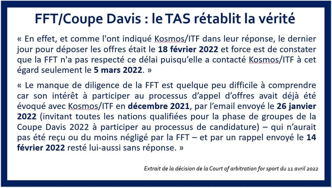 La décision du TAS est claire. Rejet de la demande <a href="/FFTennis/">FFT</a>
Au mieux c'est de l'incompétence, au pire c'est un gros mensonge.
<a href="/AOC1978/">Amélie Oudéa-Castéra</a> ne peut diriger la campagne à la présidentielle et la campagne de Coupe Davis.
Ce sont les limites du "en même temps".