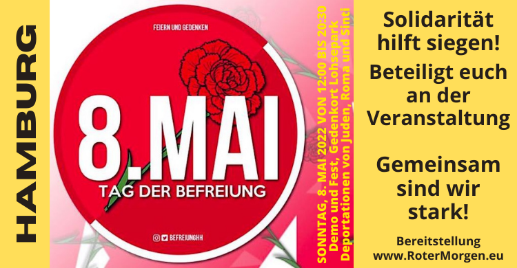 ROTERMORGEN1's tweet photo. Das Bündnis zum 8. Mai 2022 in Hamburg lädt ein zur Demo und zum Befreiungsfest

SONNTAG, 8. MAI 2022 VON 12:00 BIS 20:30
8. Mai Tag der Befreiung Hamburg - Demo und Fest
Gedenkort Lohsepark - Deportationen von Juden, Roma und Sinti https://t.co/MvHkXJnXgQ