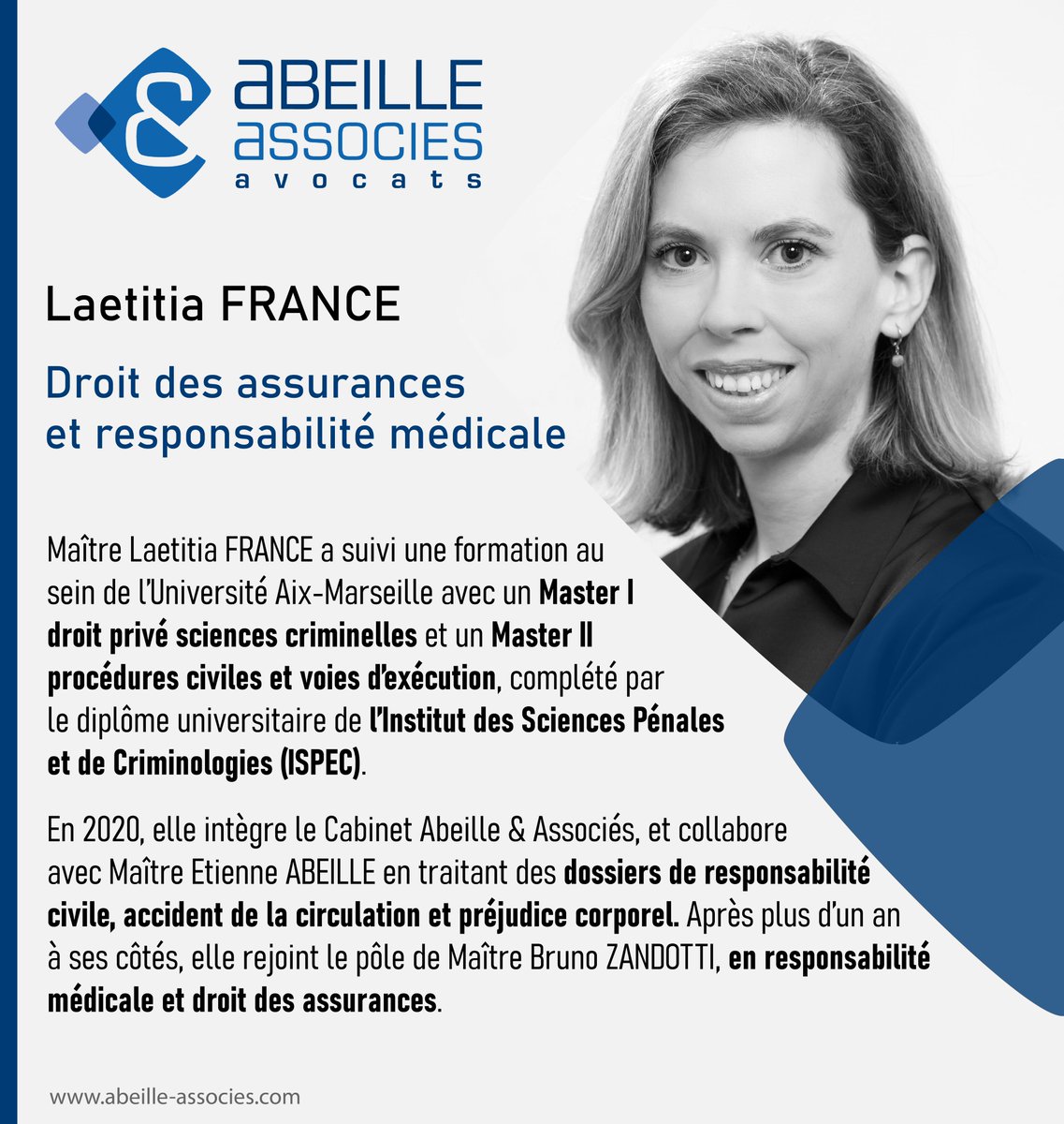 ABEILLEAVOCATS's tweet photo. 👤Focus sur Maître Laetitia France, avocat collaborateur du cabinet en droit des assurances et responsabilité médicale.

✔️ Elle possède un panel de compétences orientées vers le droit du préjudice corporel, droit des assurances et droit de la santé.

👉 Sur #Marseille https://t.co/7QzUeJBxiE