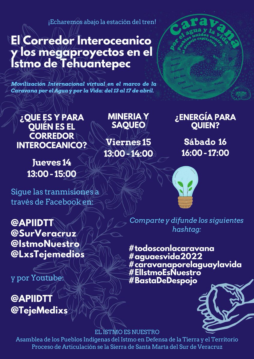 asamblea_istmo's tweet image. FOROS VIRTUALES: El Corredor Interoceánico y los megaproyectos en el Istmo de Tehuantepec

Facebook:
facebook.com/18384997836158…

WordPress:
tierrayterritorio.wordpress.com/2022/04/12/for…

@CNI_Mexico 
@futuroindigena 
@deabajoml 
@LosTejemedios 
@laminuta 
@torcomunica 
@rua_mx 
@CICComunitaria