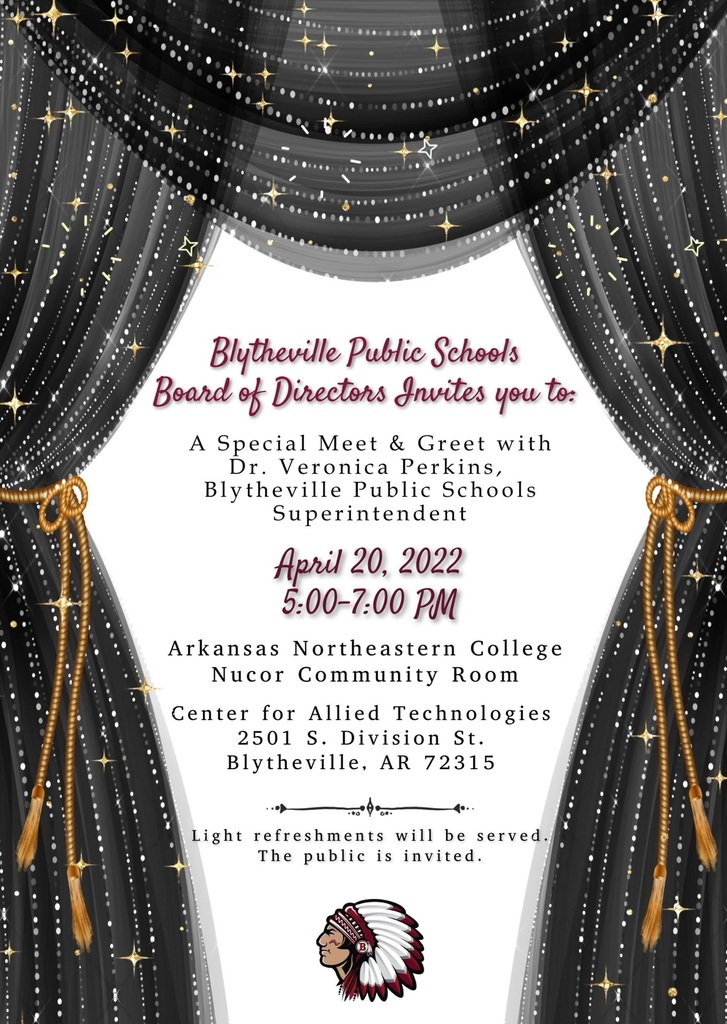 BlyPrimary's tweet photo. The community is invited to meet the new Superintendent of Blytheville Public Schools, Dr. Veronica Perkins. This drop-in event will be held at Arkansas Northeastern College in the Nucor Community Room located in the Center for Allied Technologies on April 20th from 5:00-7:00 PM. https://t.co/e2mAyIPnhB