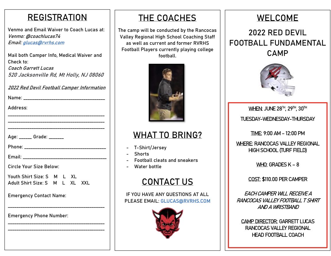 CoachLucas74's tweet photo. 🚨2️⃣0️⃣2️⃣2️⃣ YOUTH CAMP 🚨

We are very excited to announce we will be holding our Youth Camp.

Attached is all the information you will need!

#ForksUp #RedDevilNation https://t.co/ychdf7i2RJ