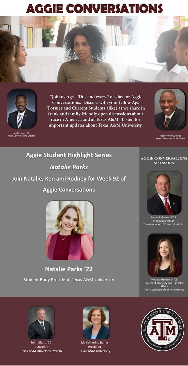 Today's lunchtime 'Aggie Conversations' will feature Student Body President Natalie Parks '22. Register at tx.ag/AggieConversat….