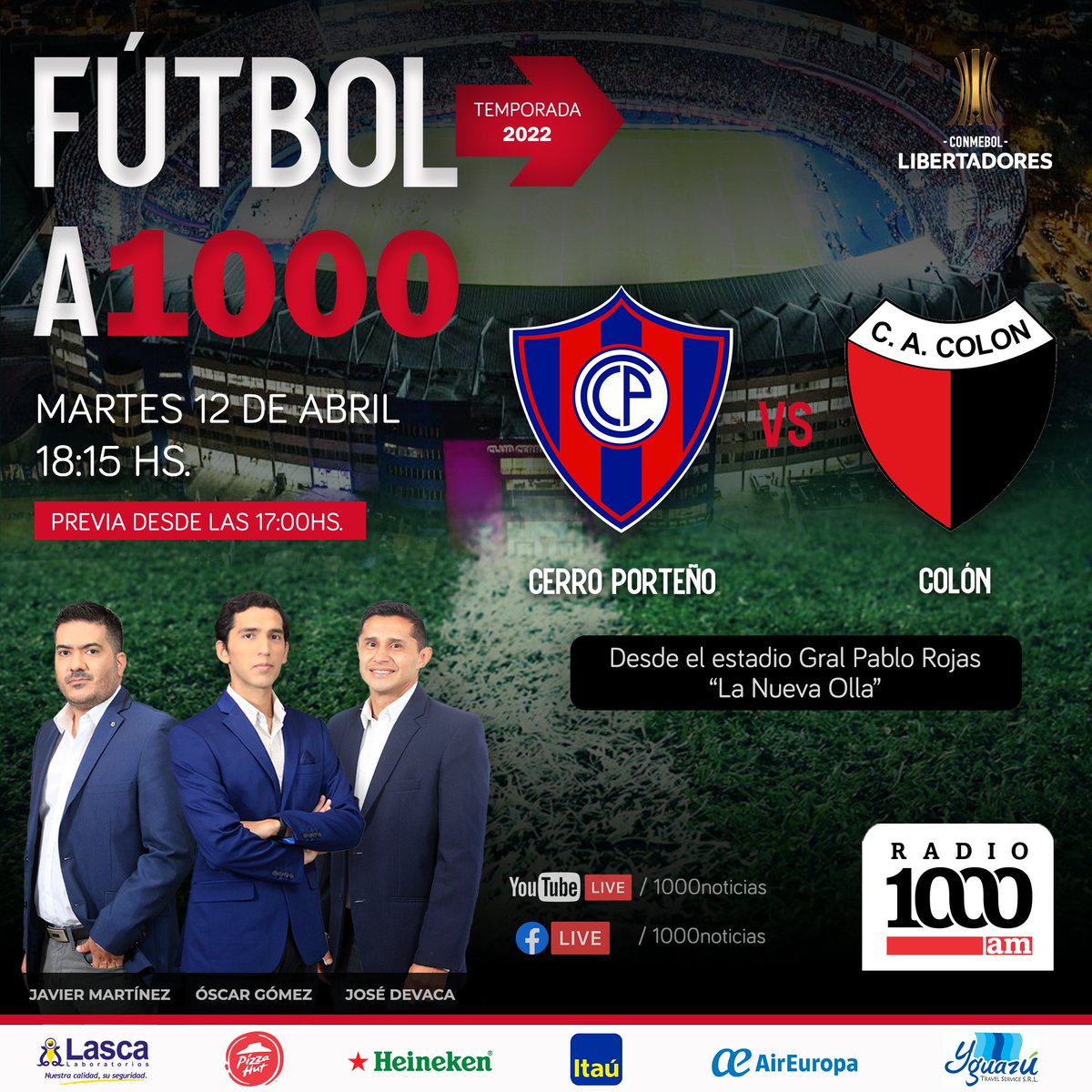 1000noticiaspy's tweet photo. NOCHE DE COPA EN BARRIO OBRERO | ⚽🏆

🗣 El Ciclón, con la misión de dejar los 3 puntos ante el Sabalero - https://t.co/yDfUjiZxUx

#1000am 📻🎙 https://t.co/K4QGpLCelL
