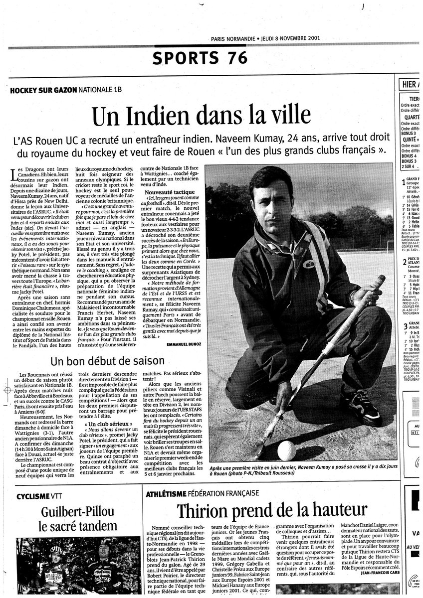 Whole page article on me,
in French, European news paper.....
Was great sports celebrity in France.. Whole media used to run behind me....
#.99Francs. 
The Title is a famous french movie made on an indian in the Paris...