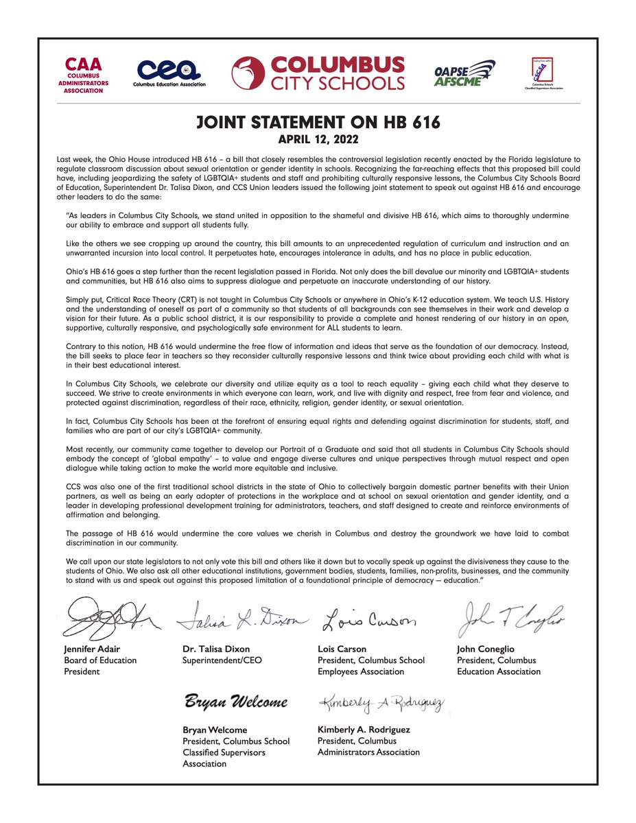 ColsCitySchools's tweet photo. NEWS: Joint Statement Regarding Ohio House Bill 616

"...we stand united in opposition to the shameful and divisive HB 616, which aims to thoroughly undermine our ability to embrace and support all students fully." 

READ: https://t.co/jSpa6bEOHF. #OurCCS https://t.co/2DwiZ8KT1P