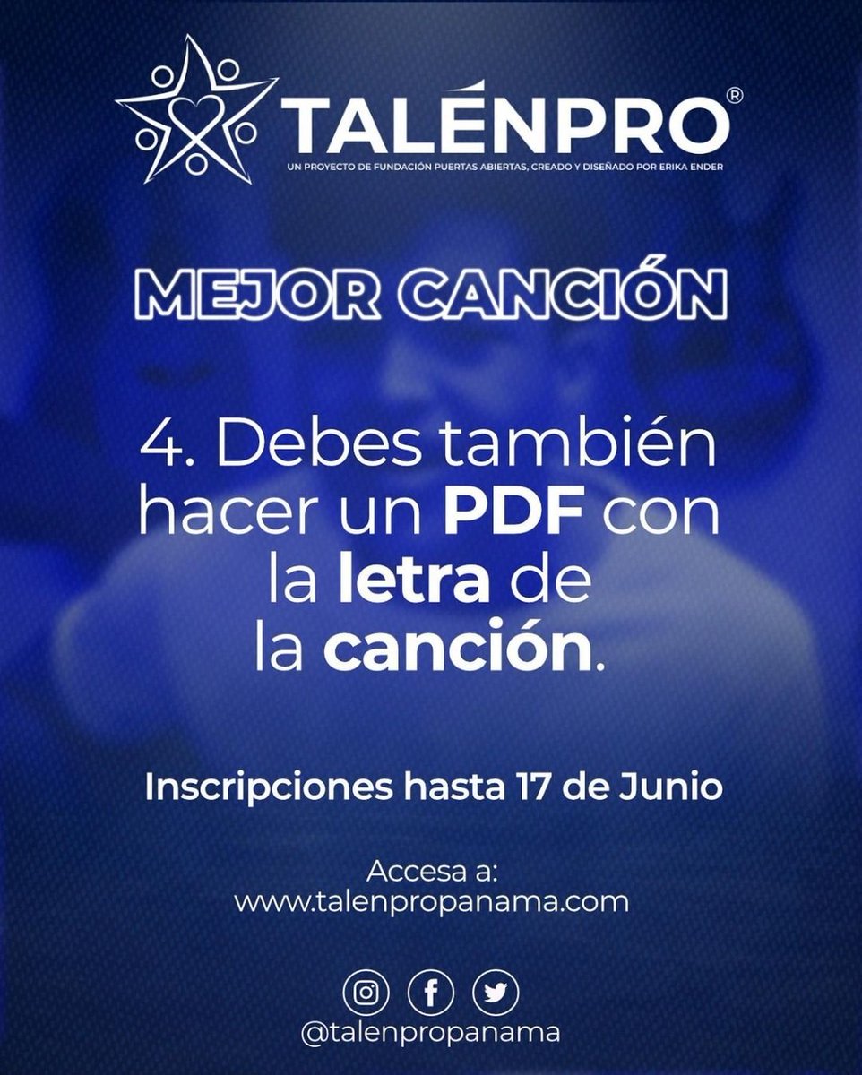 Si te encanta componer temas musicales (letra y música) y además interpretar tus propias canciones, Esta es tu oportunidad! talenpropanama.com Debes estar en 11 o 12 del colegio!
Preguntas escríbenos al DM <a href="/talenpropanama/">Festival TalenPro</a> o al Whatsapp: 6656-2921 ó 6668-5009.
