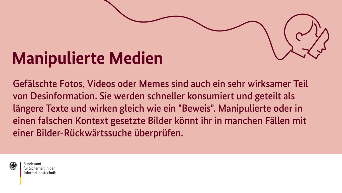 Manipulierte Medien. Gefälschte Fotos, Videos oder Memes sind auch ein sehr wirksamer Teil von Desinformation.  Sie werden schneller konsumiert und geteilt als längere Texte und wirken gleich wie ein "Beweis". Manipulierte oder in einen falschen Kontext gesetzte Bilder könnt ihr in manchen Fällen mit einer Bilder-Rückwärtssuche überprüfen.