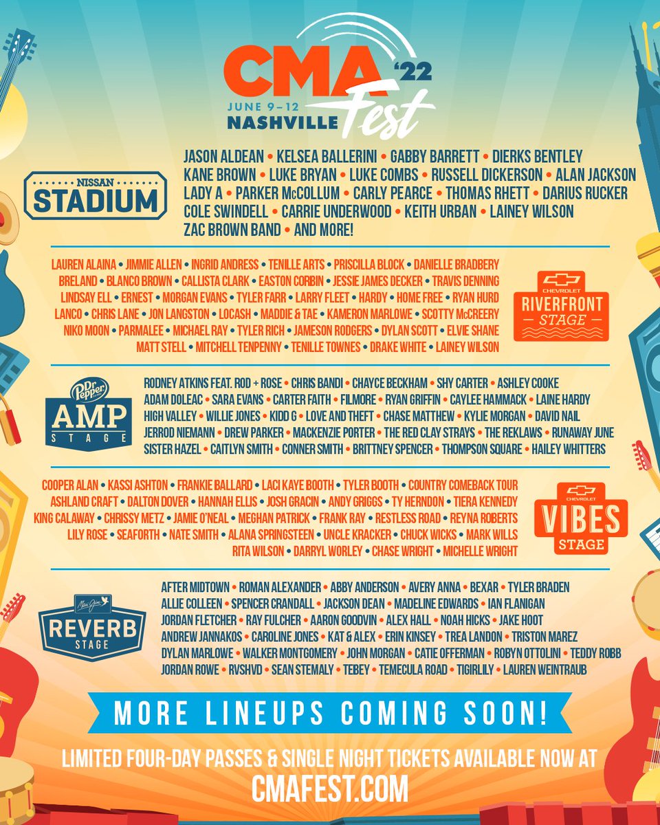 CountryMusic's tweet photo. #CMAFEST IS BACK Y'ALL! We can't WAIT to celebrate Country Music with all our fans in the ❤️ of #Nashville! 

Buy your CMA Fest four-day passes OR single night tickets today &amp; get ready for the ULTIMATE Country Music fan experience! https://t.co/rBbckYh5A8

MORE to come soon! https://t.co/Nh7lbJmVsA