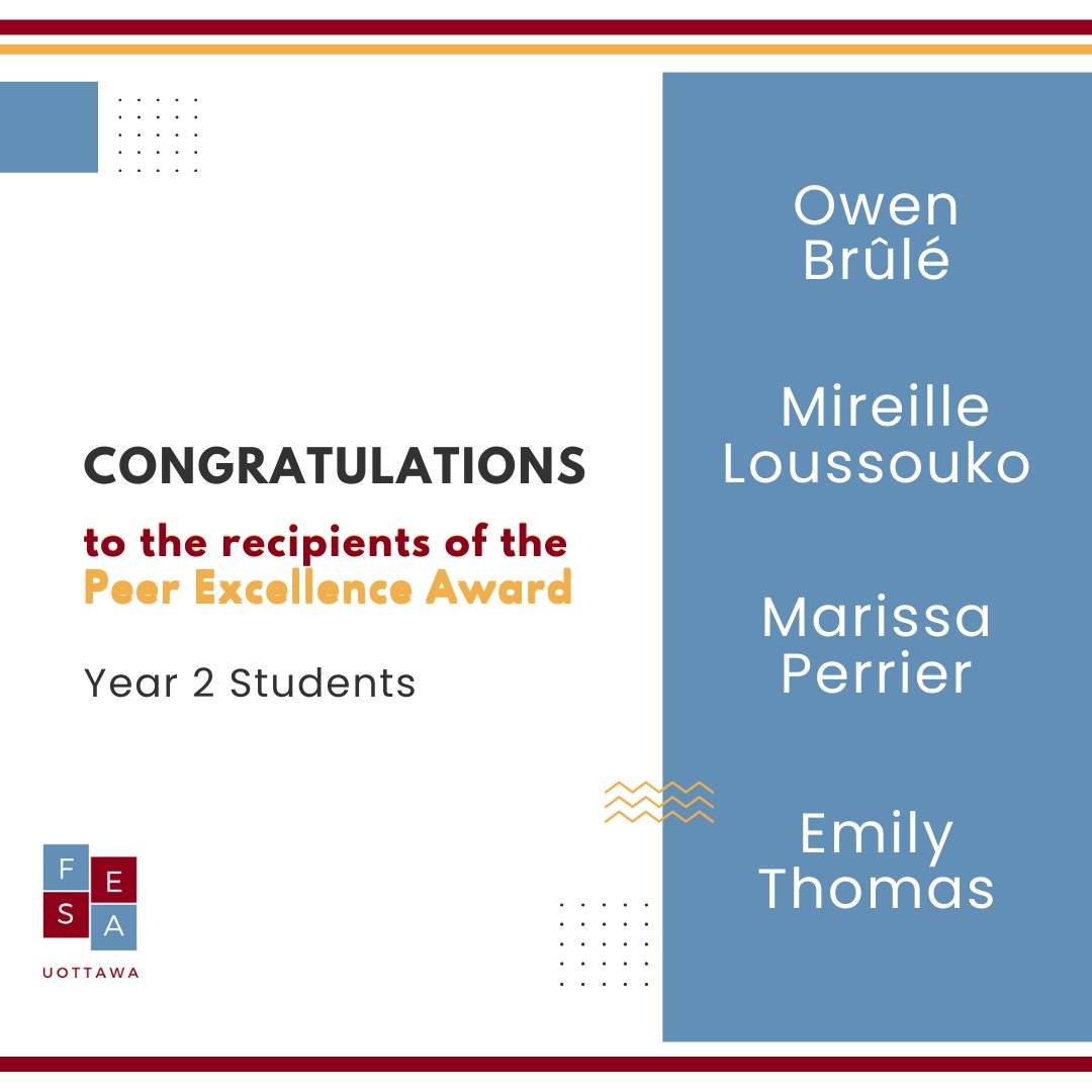 The Peer Excellence Award is awarded to students, nominated by their peers, who demonstrate excellence and good standing in the faculty, their cohort, and throughout their peer community💙 Congratulations to these 8 students and thank you for all of the nominations!🎉