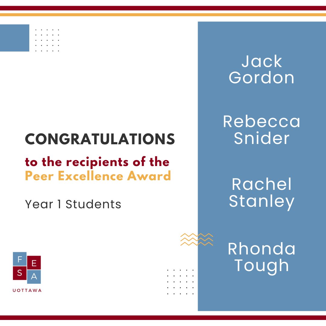 FESA_UO's tweet photo. The Peer Excellence Award is awarded to students, nominated by their peers, who demonstrate excellence and good standing in the faculty, their cohort, and throughout their peer community💙 Congratulations to these 8 students and thank you for all of the nominations!🎉 https://t.co/JwxUMnBhdc