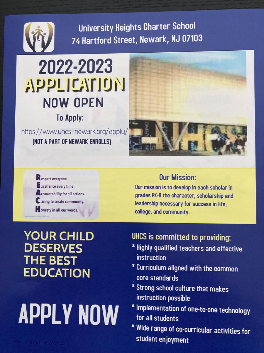 Open Enrollment is in full swing at the University Heights Charter School. Enroll you child now. And spread the word to your friends and neighbors that an elite education is right here in Newark at the University Heights Charter School