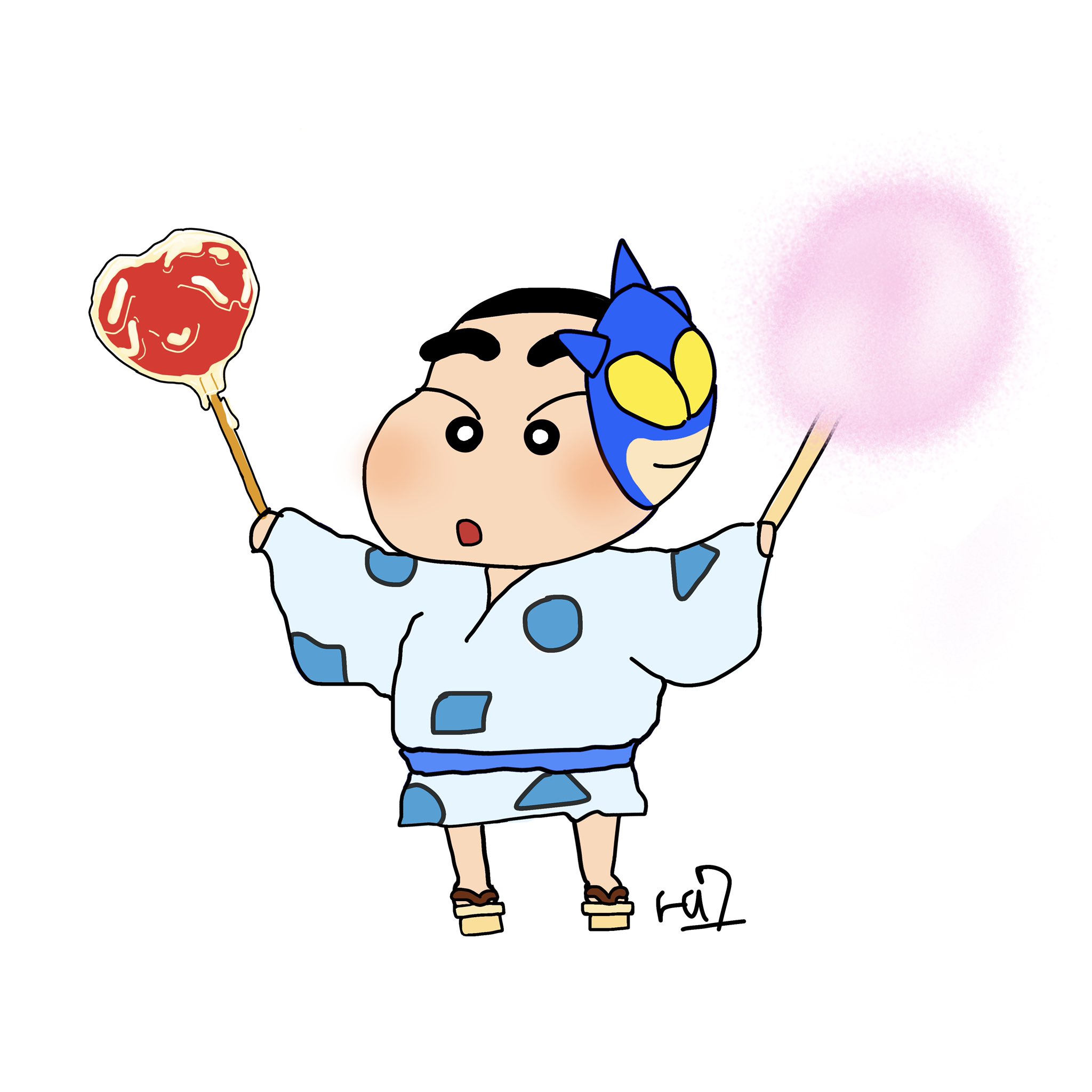 るにゃ クレヨンしんちゃん こんばんにゃ お祭りに行った昭和しんちゃんを描きました お話の中でしんちゃん は 大きなわたあめを見て喜んでいました アクション仮面のお面も可愛い 今年は夏祭りあるといいですにゃ クレヨンしんちゃん アニメ