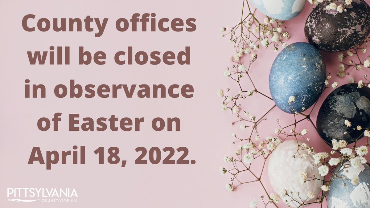 pittsylvaniava's tweet photo. Most Pittsylvania County offices and departments will be closed on April 18 for Easter Monday.
Get more information here: https://t.co/Qqe8mkFHfR https://t.co/eimCmEokow