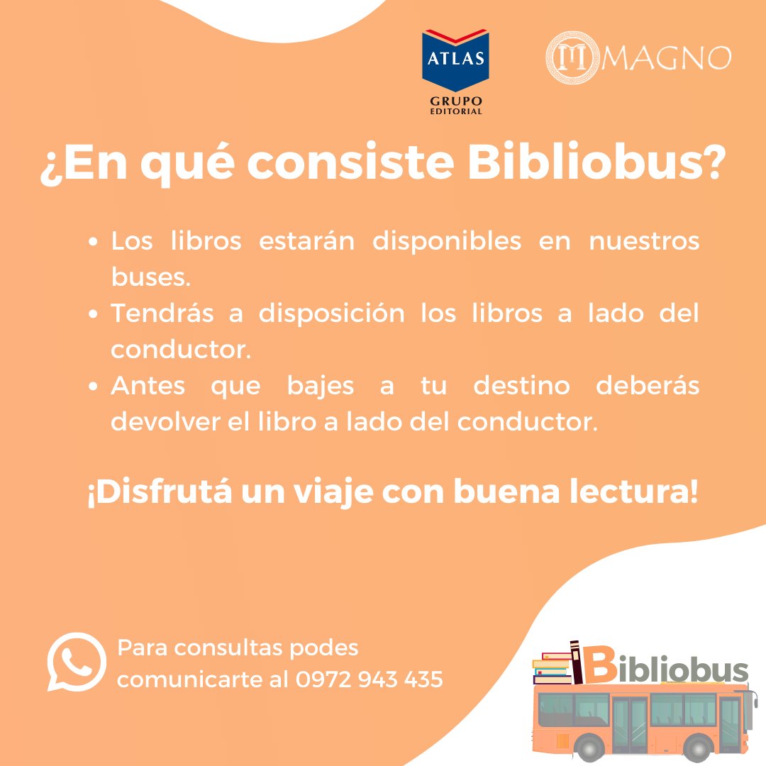 ¿Te gustan los libros? ¿Sos amante de la lectura?
¡Te traemos buenísimas noticias para que puedas disfrutar de tu viaje y aprender mucho!  🤩🤓

En conjunto con el @GrupoEditorialAtlas te traemos Bibliobus Línea 12, un espacio pensado para sumar a la cultura y conocimiento
