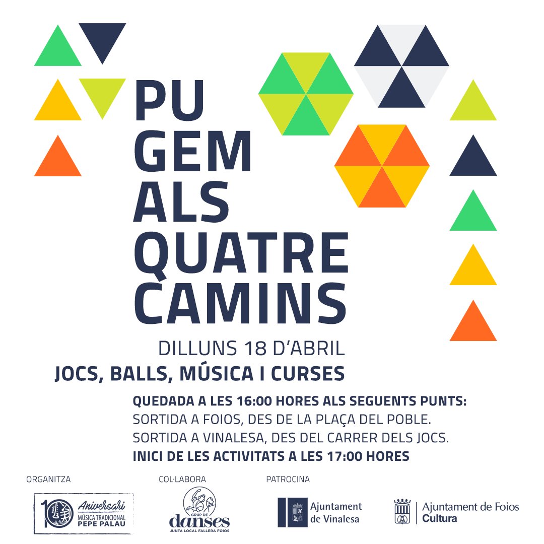 El pròxim dilluns 18 hem organitzat una pujada conjunta amb tota la població de Foios i Vinalesa per anar a berenar i passar la vesprada als #QuatreCamins 😍🥳

La marxa ix a les 16:30 hores i les activitats estaran de 17:00 a 19:00 hores! 🏃🏃‍♀️

#doltabFoios