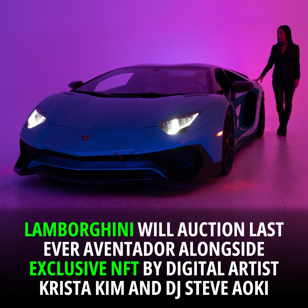 nfthoos's tweet photo. Lamborghini will Auction Last Ever Aventador Alongside Exclusive NFT by digital artist Krista Kim and DJ Steve Aoki #nft #nftcommunity #nftnews #crypto #cryptocurrency #nftdrop #nftart #nftcollector #opensea #nftcollectors #nftcollectibles #nfthoos #metaverse #metaversenft #cars https://t.co/UQaOHYqKtb