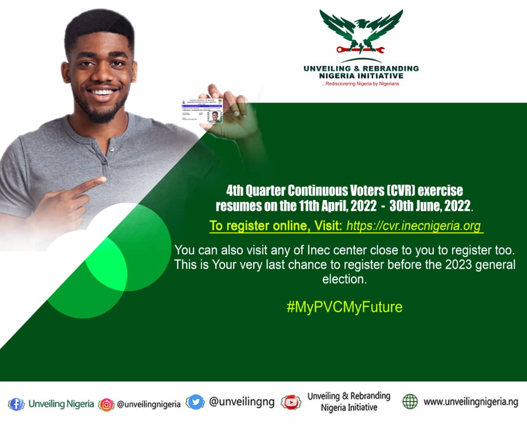 unveilingng's tweet photo. PVC is free.
PVC does not expire.
Go and Register for your PVC NOW!!!
Click on the link https://t.co/irASSMih6Q
@inecnigeria
#MyPVCMyFuture
#GoVote
#UnveilingNigeria https://t.co/tW0il5vpIP