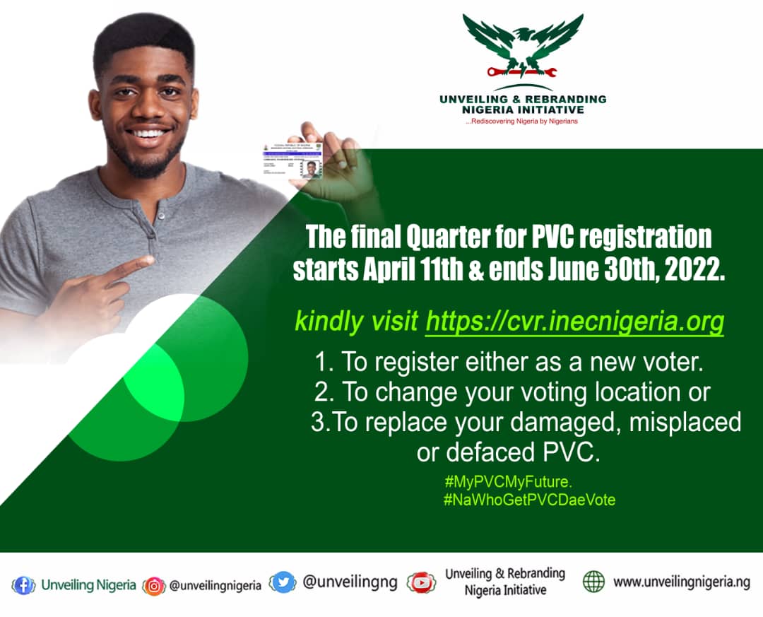 unveilingng's tweet photo. PVC is free.
PVC does not expire.
Go and Register for your PVC NOW!!!
Click on the link https://t.co/irASSMih6Q
@inecnigeria
#MyPVCMyFuture
#GoVote
#UnveilingNigeria https://t.co/tW0il5vpIP