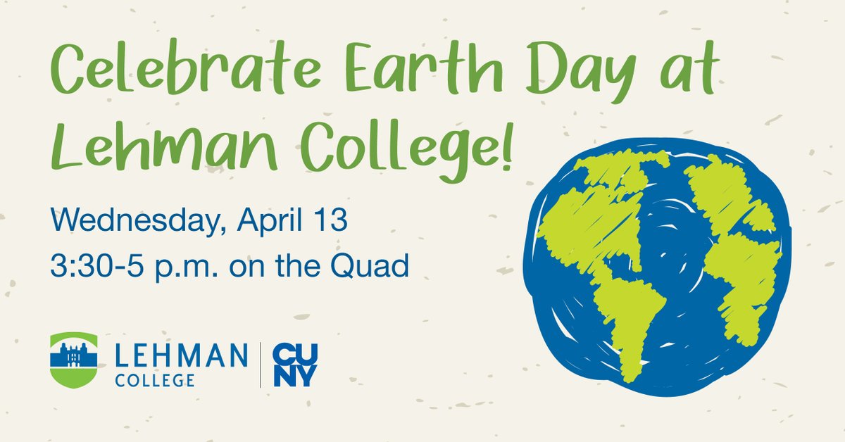 Tomorrow, join us from 3:30-5 pm on the Quad for our annual #EarthDay at Lehman event! Organized by SGA and the campus Sustainability Council, it’s packed with activities that show how we can all be better stewards of the planet. Visit tinyurl.com/34fmeyap for details.