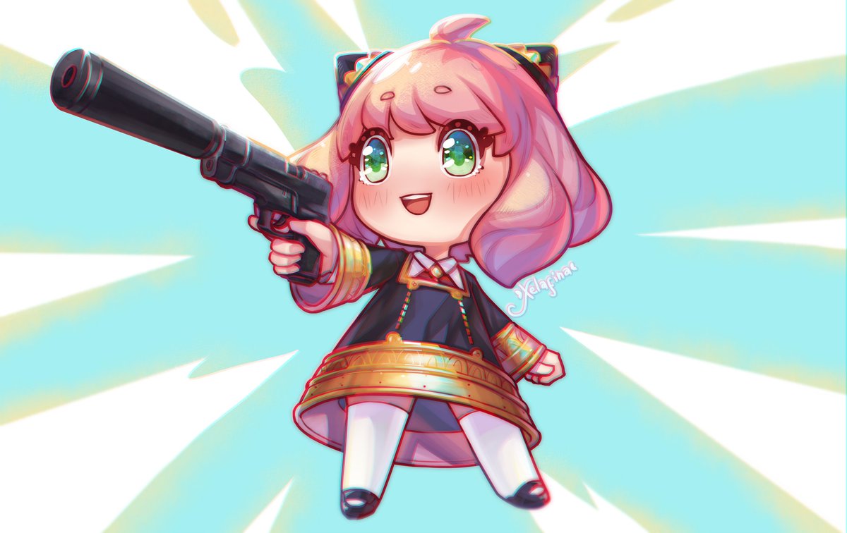 anya (spy x family) 1girl female child weapon solo gun pink hair holding gun  illustration images