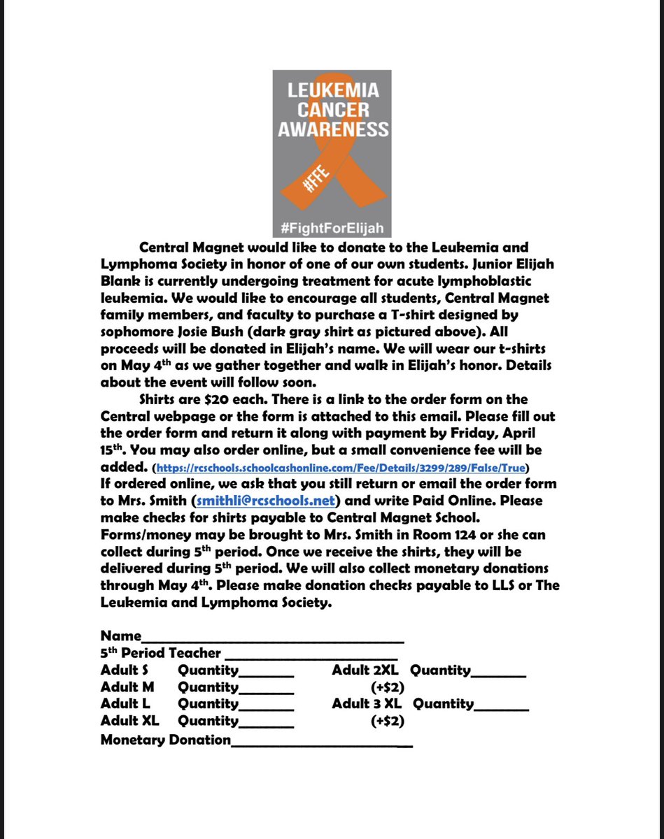 CMagTigers's tweet photo. Attention ALL!!! Get your “Leukemia Cancer Awareness” T-shirts to raise money for the fight against cancer in honor of CMS student, Elijah Blank! Also plan to walk for the cause on May 4th and wear your shirt! Buy online or See Mrs. Liane Smith. #FFE 
 https://t.co/z9zxNpIhNt https://t.co/ncvjeD1ZLJ