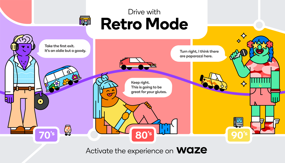 waze's tweet photo. Get 70’s groovy🕺🏻, 80’s pumped 🏋🏽‍♂️, or 90’s dialed up 📠 with a #throwback. Choose from 3 new voices, vehicles, and Moods to get started. https://t.co/B7I2tq6Hkl https://t.co/KLjrIysFTP