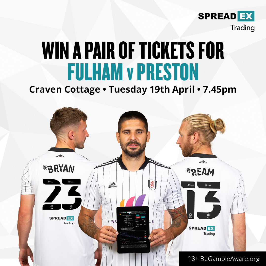 SpreadexSport's tweet photo. Fancy winning a pair of tickets to see @FulhamFC play Preston on Tuesday 19th April?! 

For a chance to win:

1. Follow 👉 @SpreadexSport
 
2. Quote this tweet, tagging a mate you’d like to go to the game with!
  
Comp ends Thursday 14th April at 23:59. 
https://t.co/OErdPJaxYQ https://t.co/k4FBxsBHpK