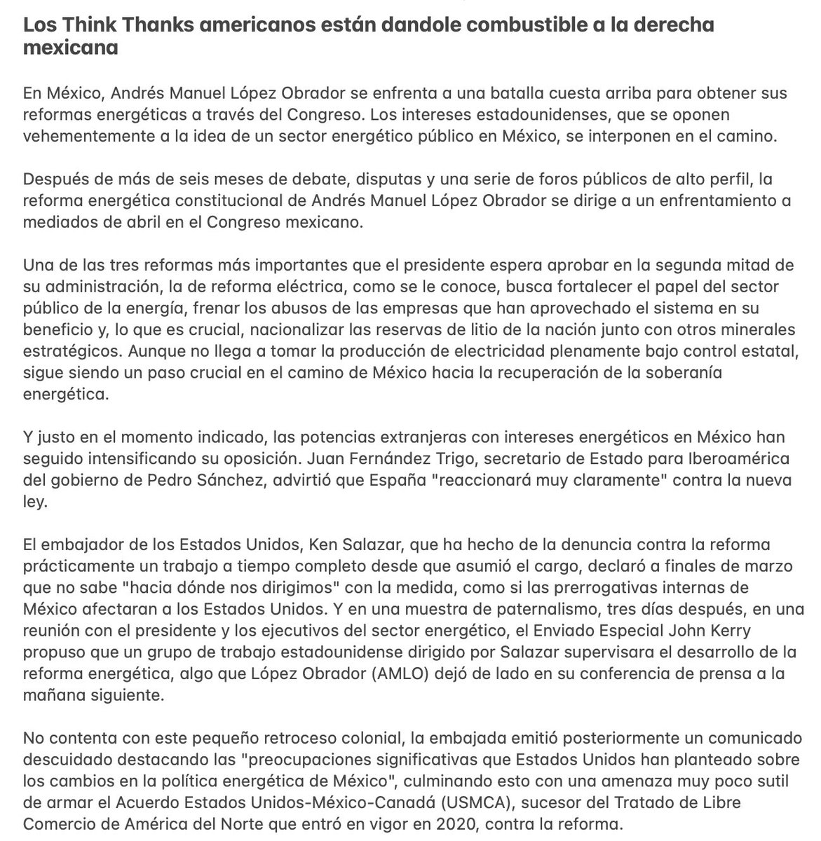 Olegaroy's tweet photo. En lo que eso ocurre, hice una traducción de ese texto de @KurtHackbarth (https://t.co/y43piy3Ajz) porque es fundamental y sin duda de interés nacional.

Aquí está muy claramente expuesto quiénes son los que no quieren que pase la Reforma Eléctrica y por qué. https://t.co/o7LVDpMQpN