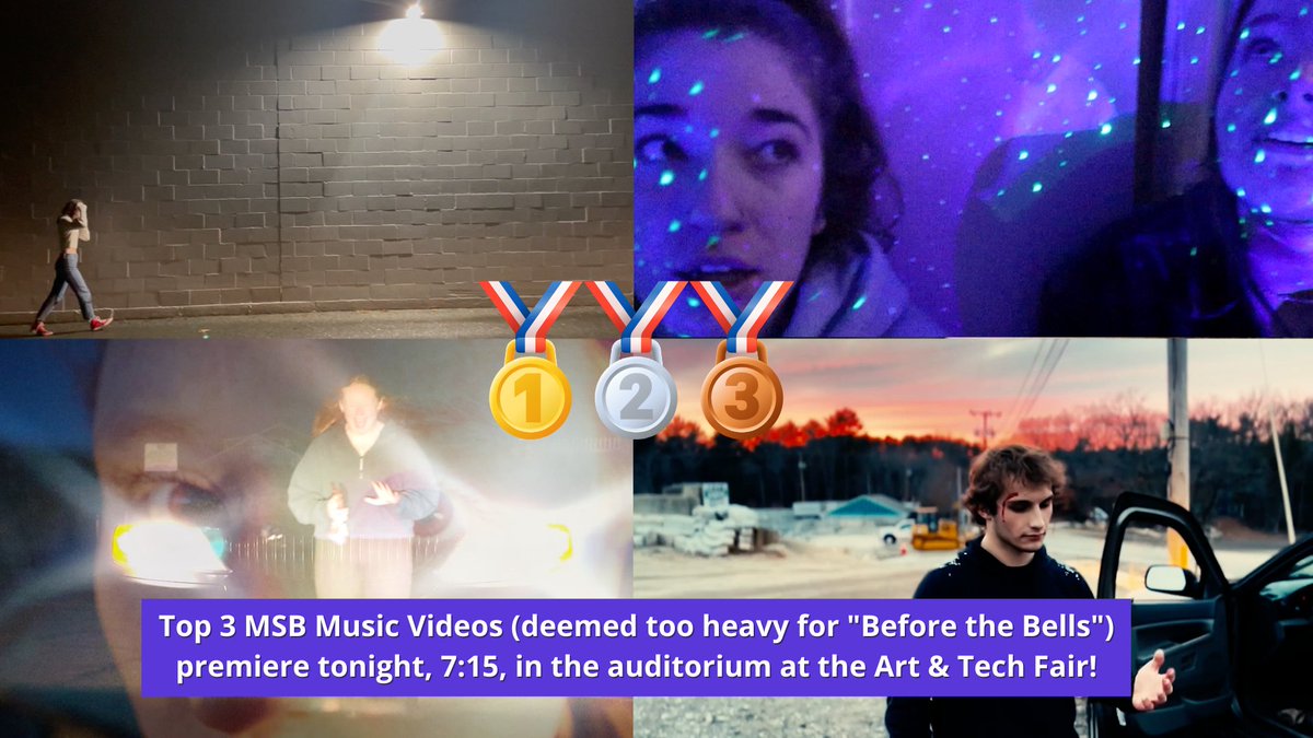 The top-3 videos from our annual Music Video Competition will premiere tonight at the Art &amp; Tech Fair at 7:15 in the auditorium. Come check out this outstanding student work that was so good and effective that it was considered too powerful for our morning show platform.