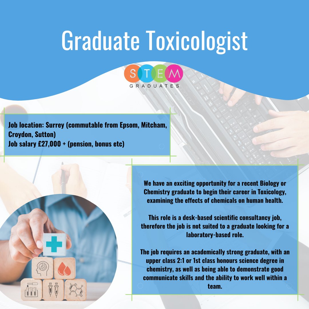 We have an exciting opportunity for a recent Biology or Chemistry graduate to begin their career in Toxicology. 

Our client is a Toxicology consultancy seeking a motivated, passionate graduate to join their team !

Find out more and apply here: linktr.ee/STEMGraduates