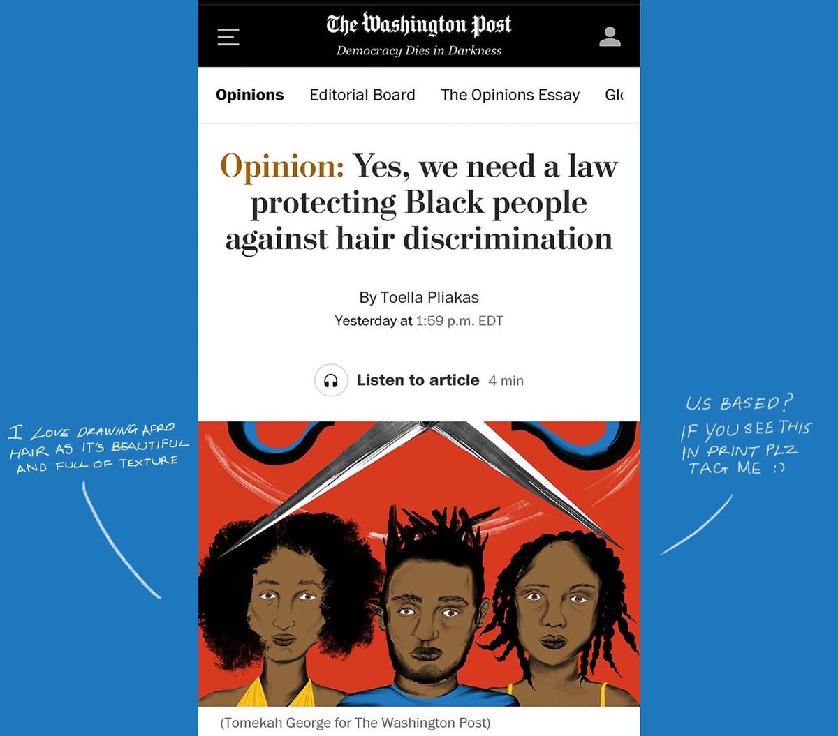 In the <a href="/washingtonpost/">The Washington Post</a> today, for an important piece about the Crown Act and politicisation of Black hair. 

Ty <a href="/daniellekunitz/">Danielle Kunitz</a> for the opportunity

Writer: <a href="/ToellaPliakas/">Toella Pliakas</a>