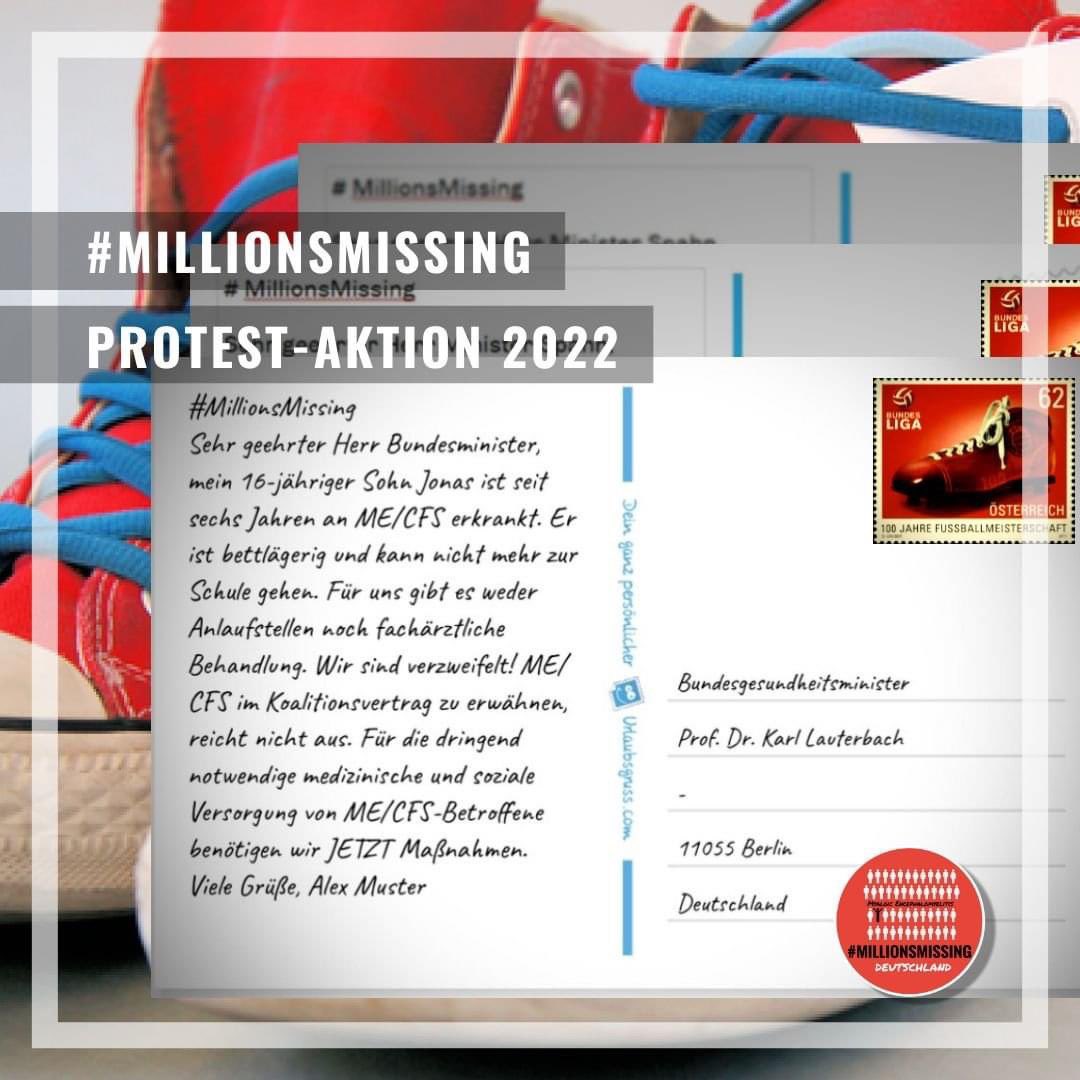 MMissingGermany's tweet image. 🔴 Leider können auch 2022 die Proteste rund um den Int. #MECFS-Tag am 12. Mai nicht auf den Straßen stattfinden. 

#MillionsMissing Deutschland ruft dazu auf Postkarten zu versenden – in diesem Jahr u. a. an Gesundheitsminister @Karl_Lauterbach! 

ℹ️ millionsmissing.de/mmdpostkartena…